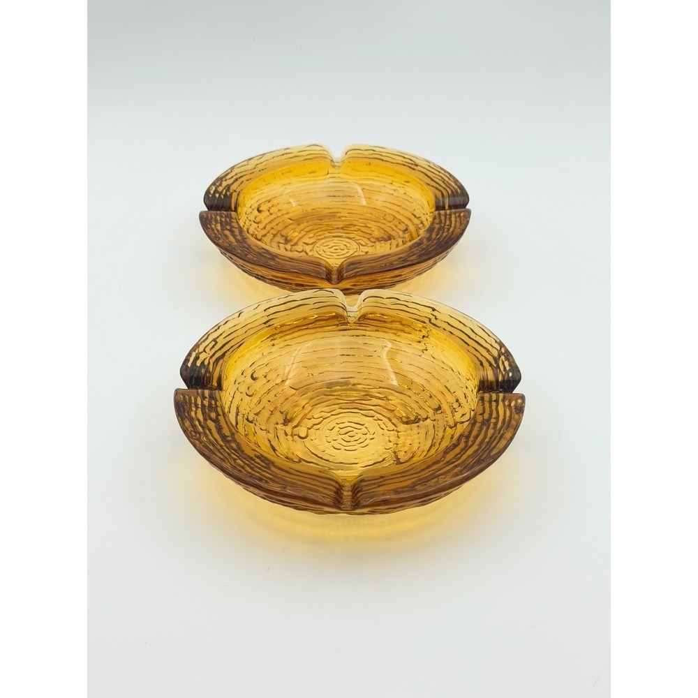 Vintage Amber Glass Ashtray Set of 2 Round Textured Tree Ring Design 6.5 Inch
